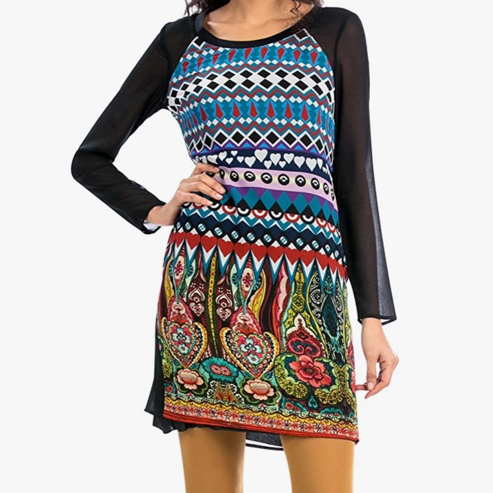 NWT Desigual Black Multicolored Dress Sheer Sleeves Sz 8